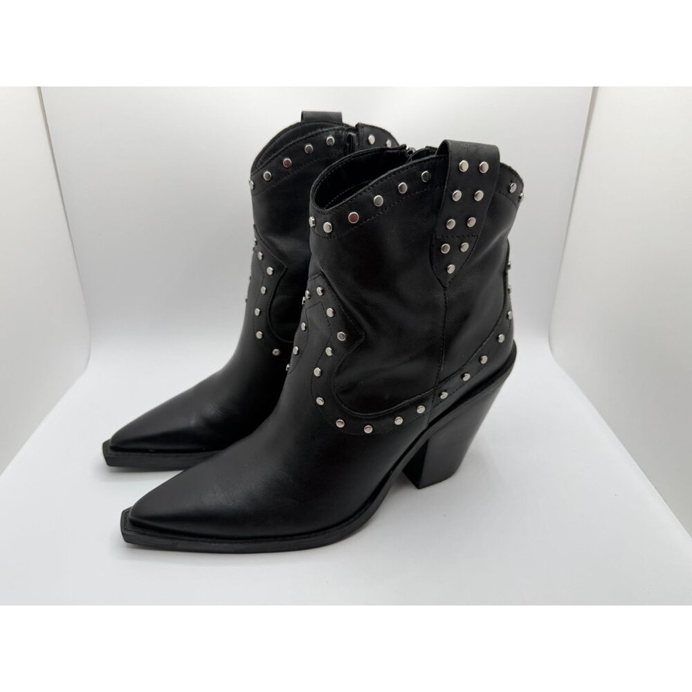 Arezzo Boots Women Size 9B Black Leather Block Heel Studded Booties Side Zip